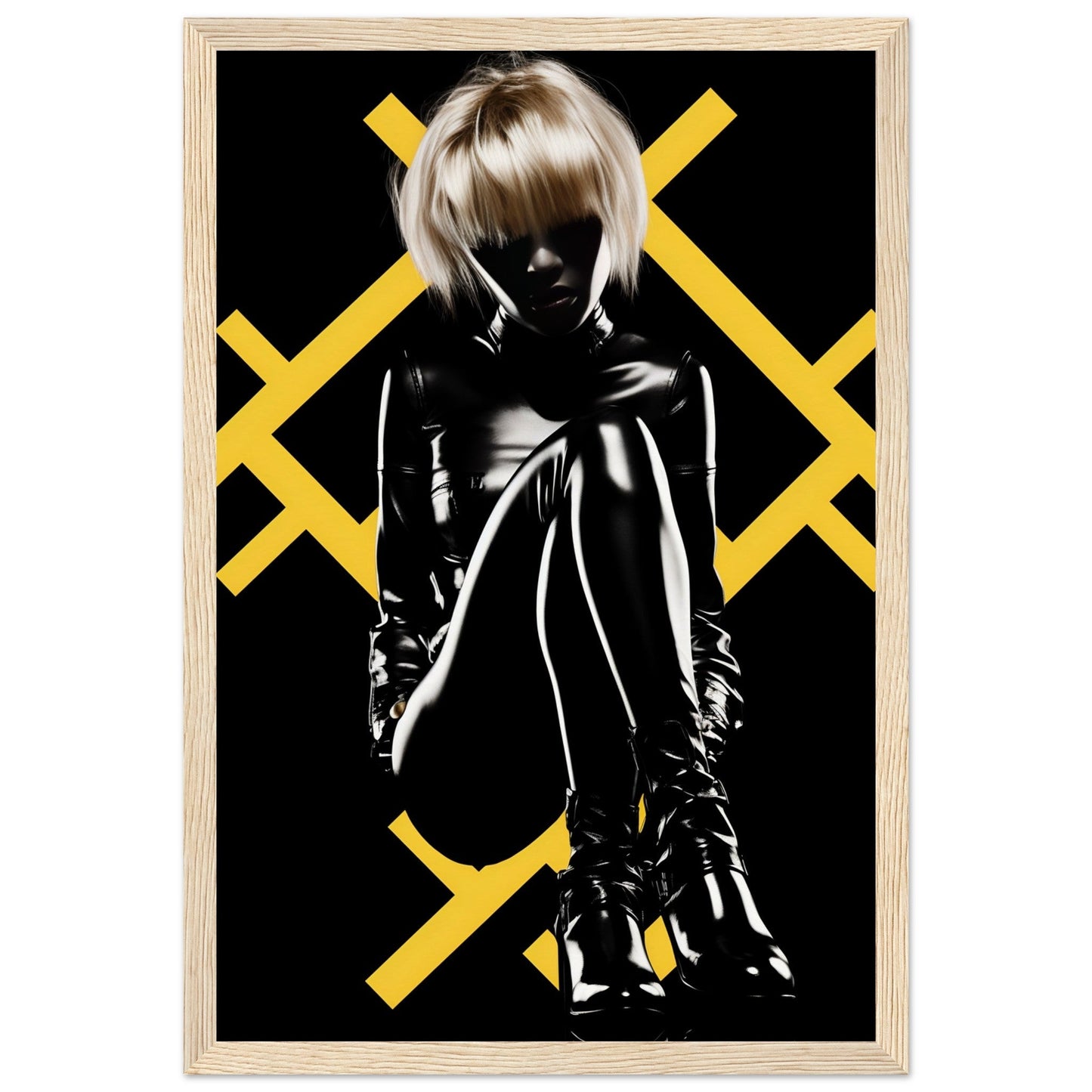 Silhouette of a person in shiny clothing against a black background with yellow X patterns.