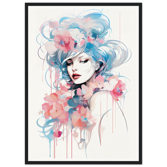 Watercolor-style portrait of a woman with flowing blue and pink hair and floral elements.