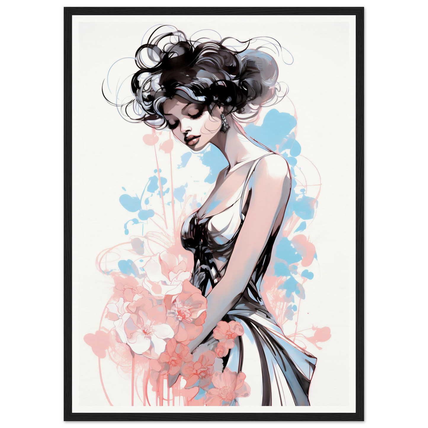 Stylized illustration of a woman with flowing dark hair in a sleeveless dress against watercolor-like splashes.