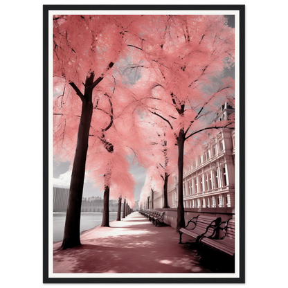 Framed artwork depicting a pink-hued urban park scene with trees and benches along a pathway.