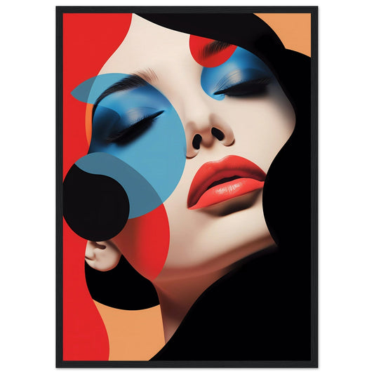 Stylized portrait of a woman with vibrant makeup and geometric color blocks.