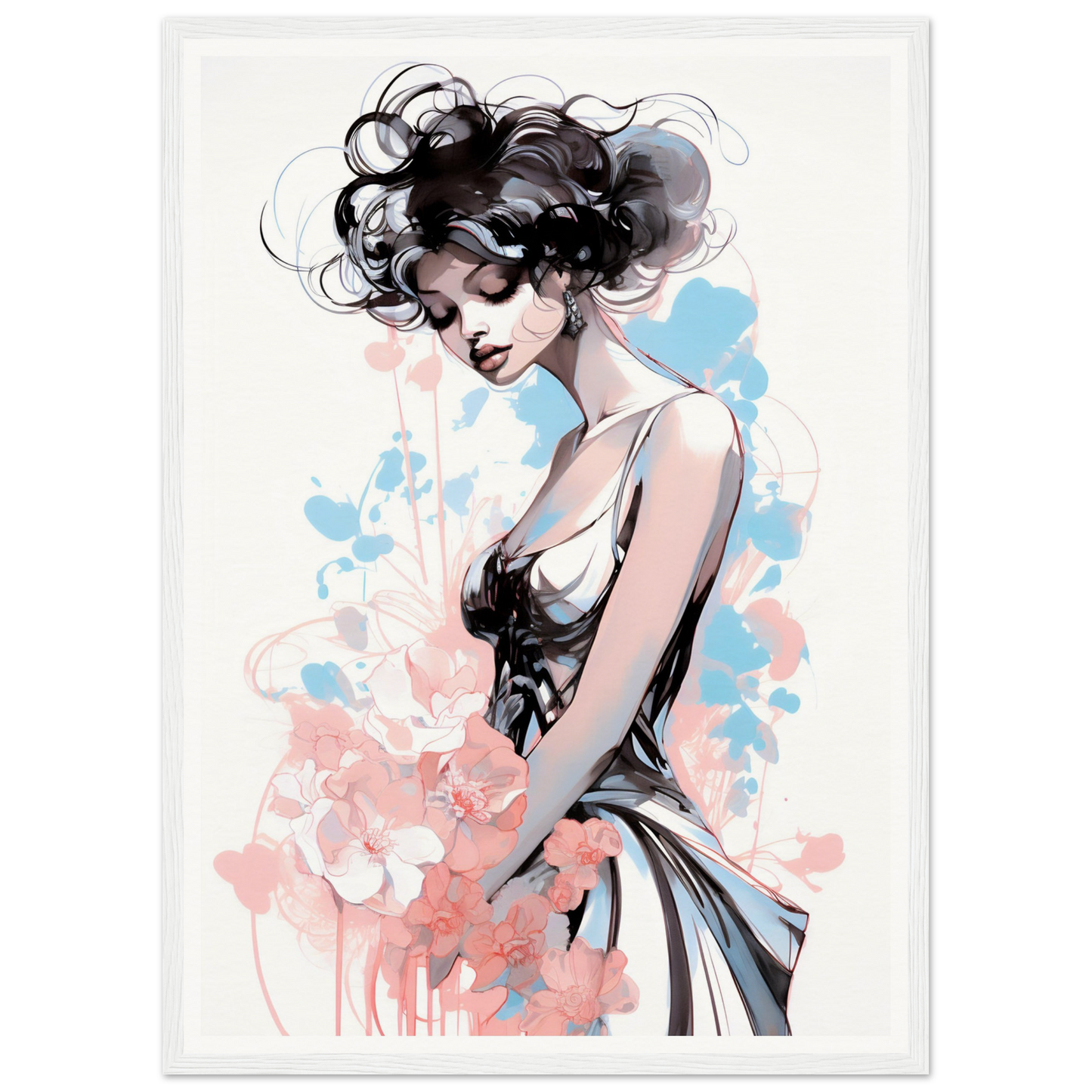 Stylized illustration of a woman with flowing dark hair in a sleeveless dress against watercolor-like splashes.