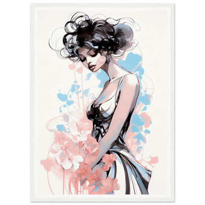 Stylized illustration of a woman with flowing dark hair in a sleeveless dress against watercolor-like splashes.