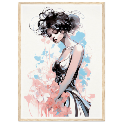 Stylized illustration of a woman with flowing dark hair and a delicate dress against watercolor-like splashes.