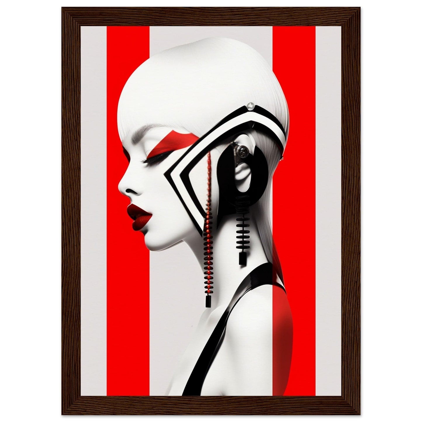 Stylized profile portrait of a figure with dramatic black and white makeup against a red and white striped background.