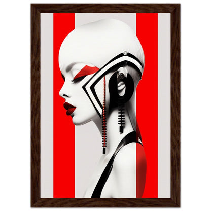 Stylized profile portrait of a figure with dramatic black and white makeup against a red and white striped background.