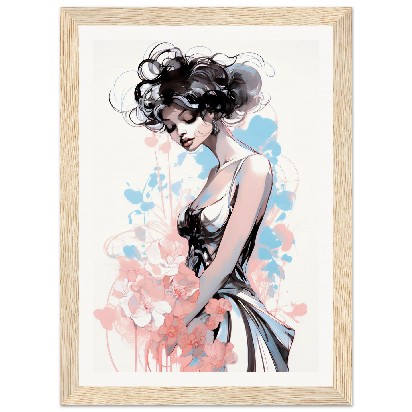 Stylized illustration of a woman with dark curly hair in a sleeveless dress against a pastel watercolor background.