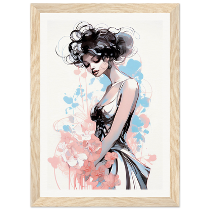 Stylized illustration of a woman with dark curly hair in a sleeveless dress against a pastel watercolor background.