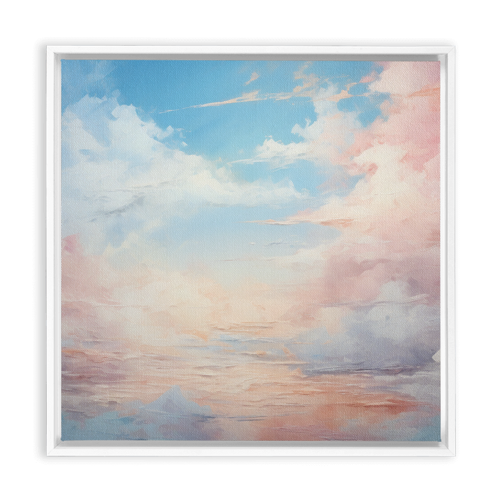 Abstract painting of a pastel-colored sky with soft clouds.