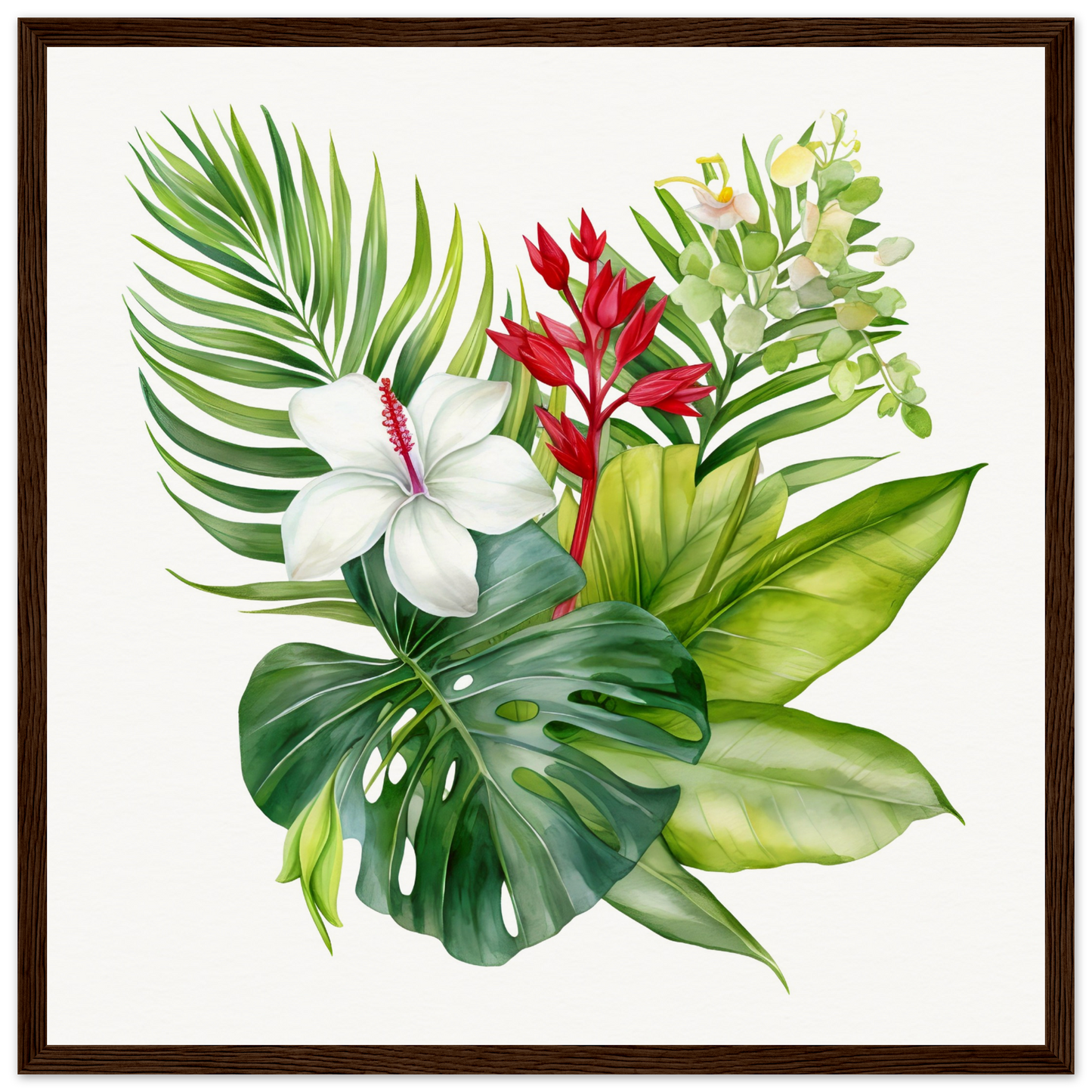 There is a painting of a bunch of tropical plants and flowers