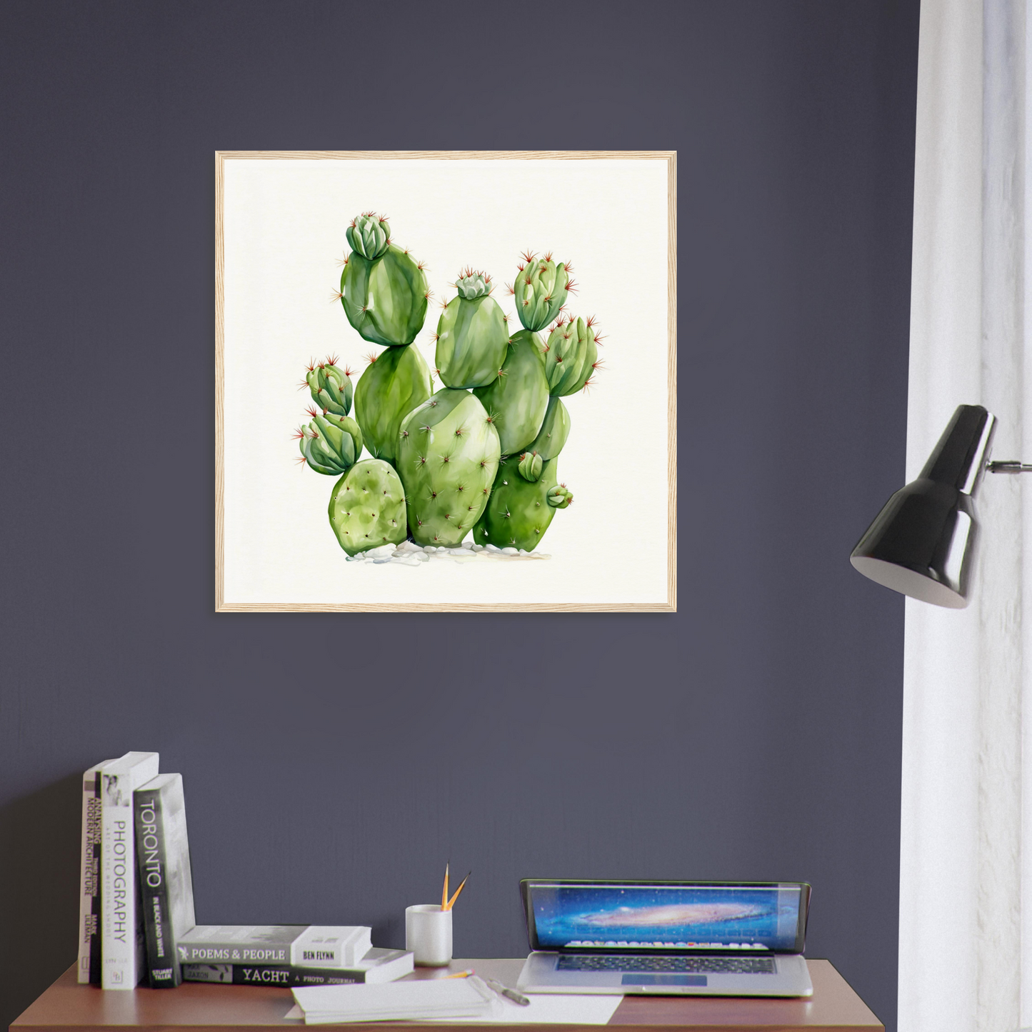 A painting of a cactus plant on a wall