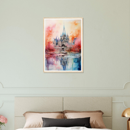 A painting of a castle in the middle of a bedroom