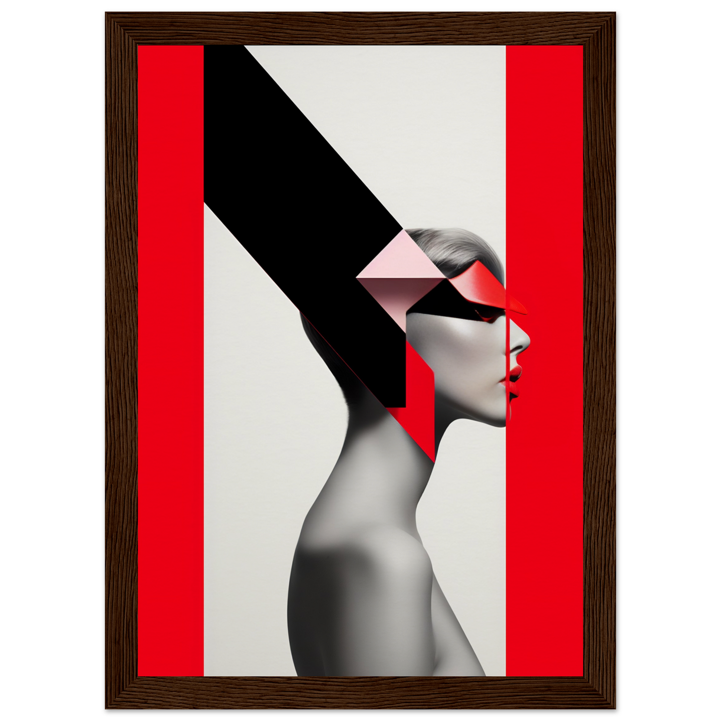 Stylized profile portrait combining geometric shapes and a grayscale figure against a red and white background.