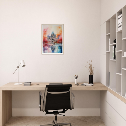 A painting of a cityscape in watercolor on a wall above a desk