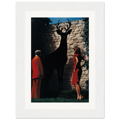 A painting of a deer and a woman in red dresses