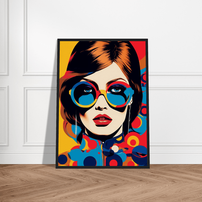 Pop art-style portrait of a woman wearing oversized blue sunglasses and red lipstick against a colorful background.