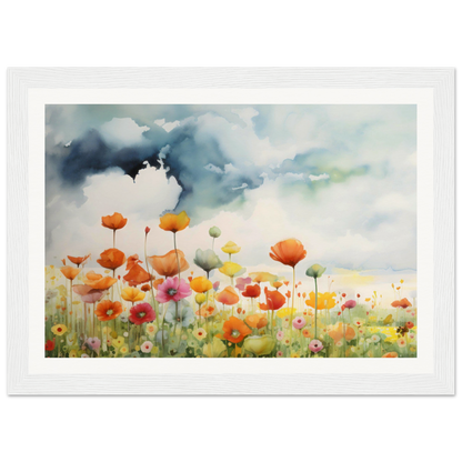 A painting of a field of flowers with a bird flying in the sky