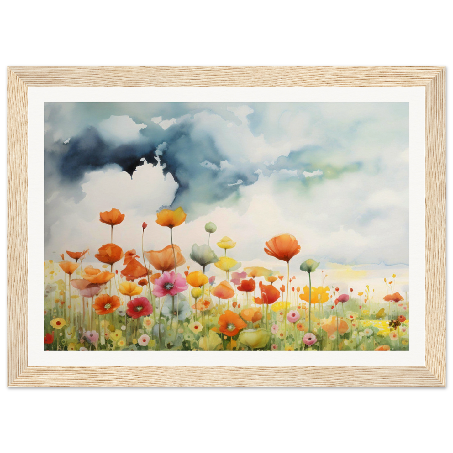 A painting of a field of flowers with a bird flying in the sky