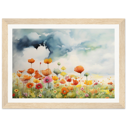 A painting of a field of flowers with a bird flying in the sky