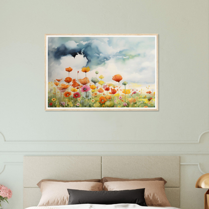 A painting of a field of flowers with a bird flying in the sky