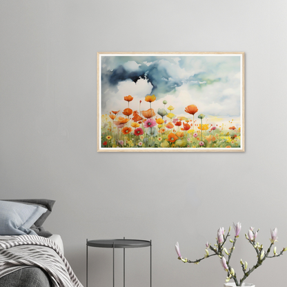 A painting of a field of flowers with a bird flying overhead