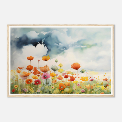 A painting of a field of flowers with a bird flying in the sky