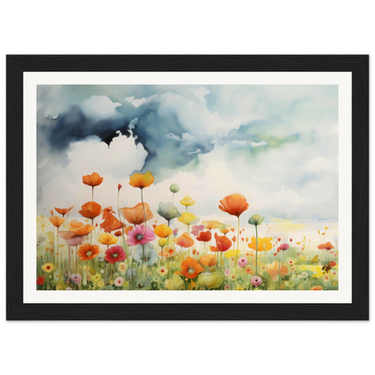 A painting of a field of flowers with a blue sky in the background