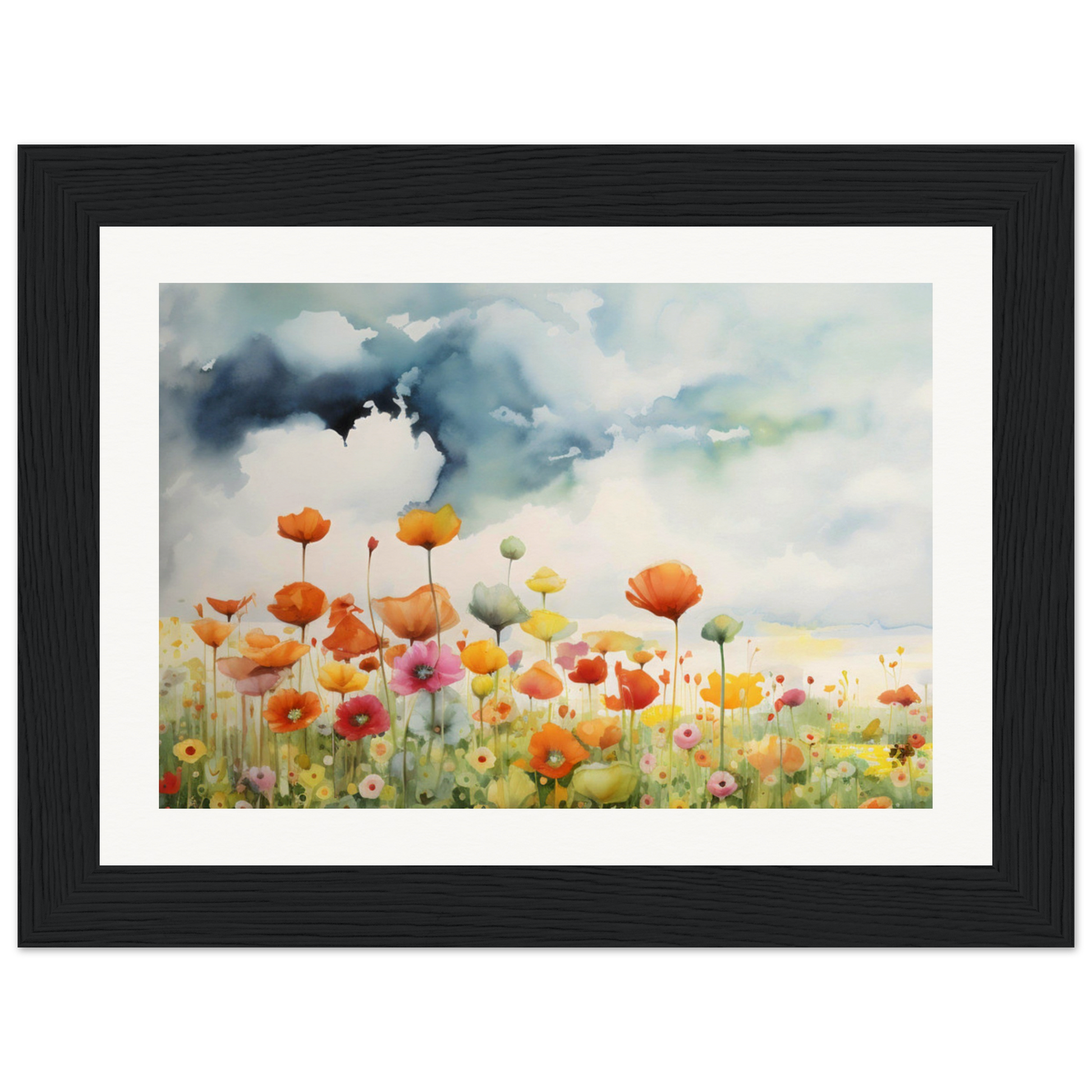 A painting of a field of flowers with a cloudy sky in the background