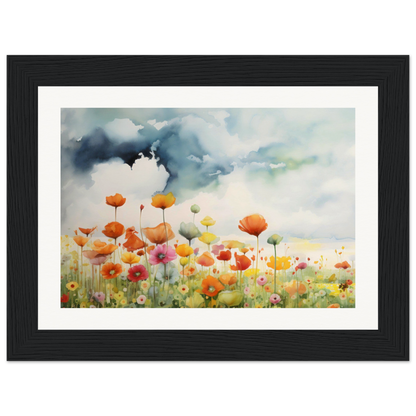 A painting of a field of flowers with a cloudy sky in the background