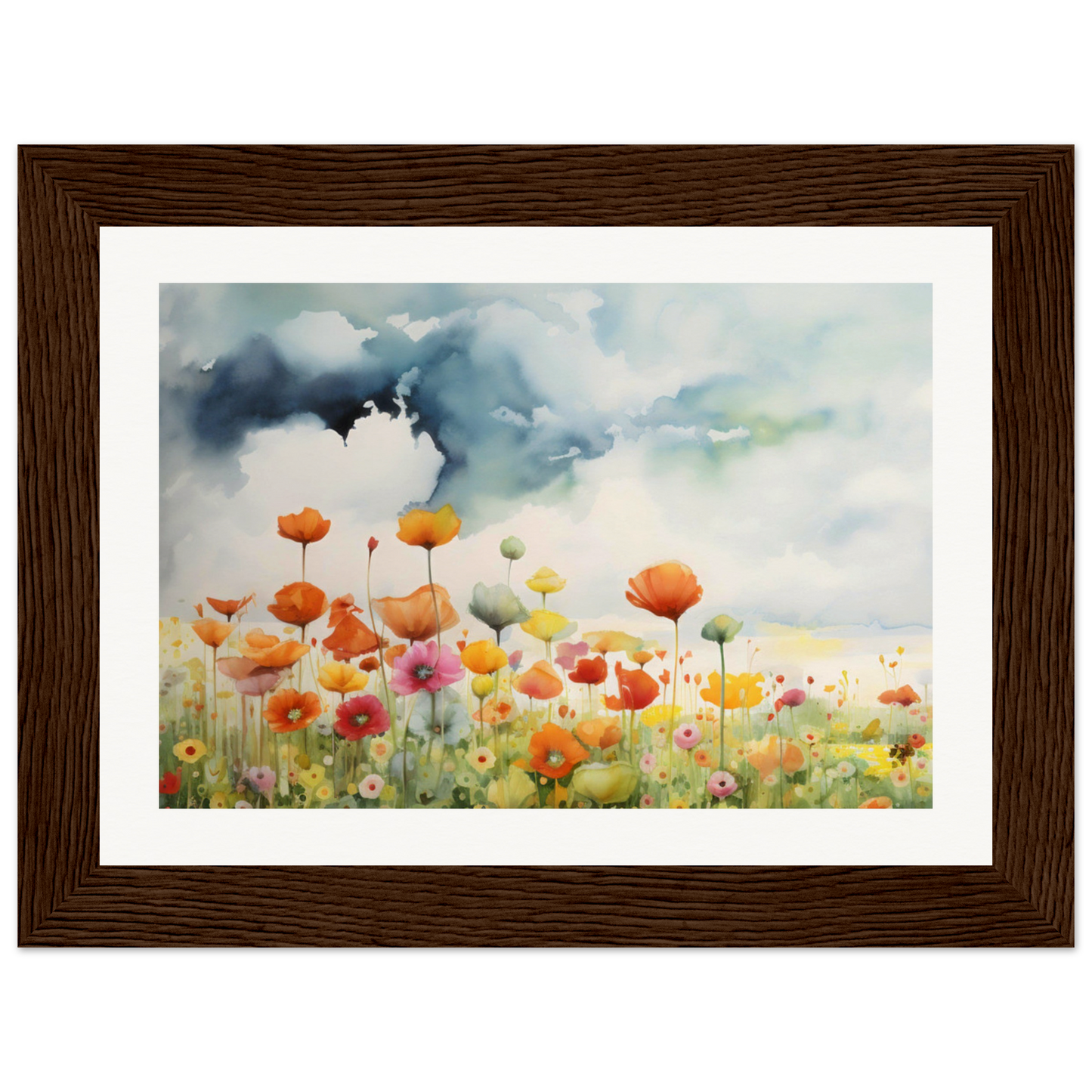 A painting of a field of flowers with a sky background