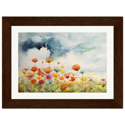 A painting of a field of flowers with a sky background