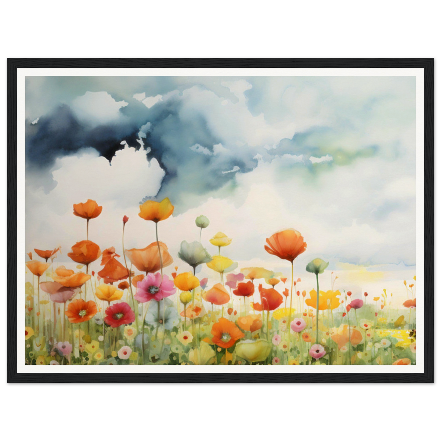 A painting of a field of pop flowers