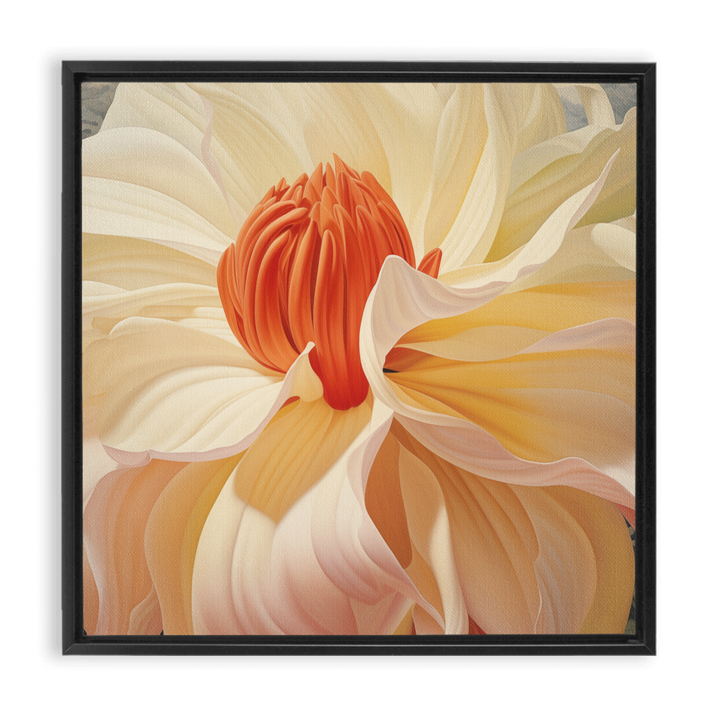 A painting of a flower in a black frame