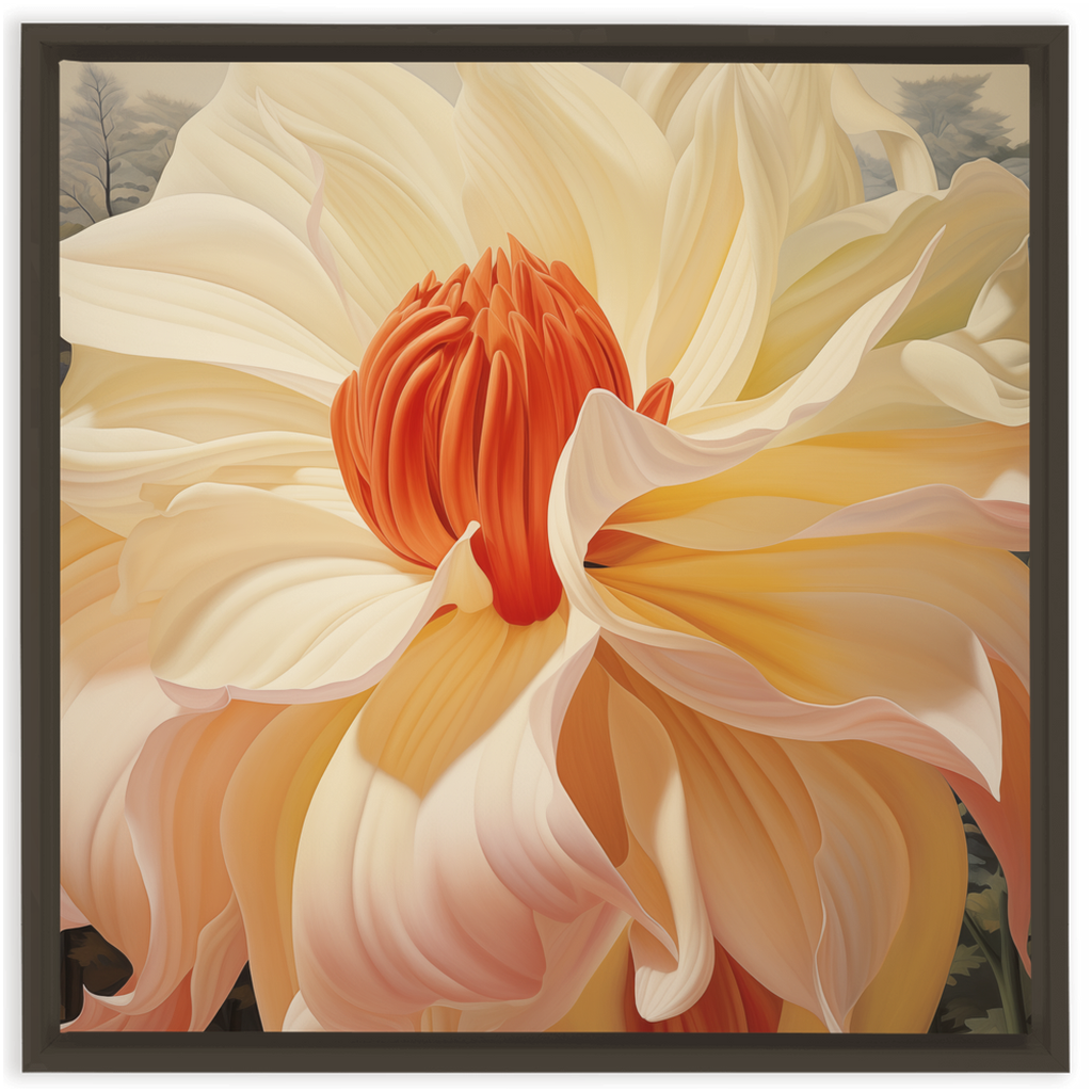 A painting of a flower with a black frame