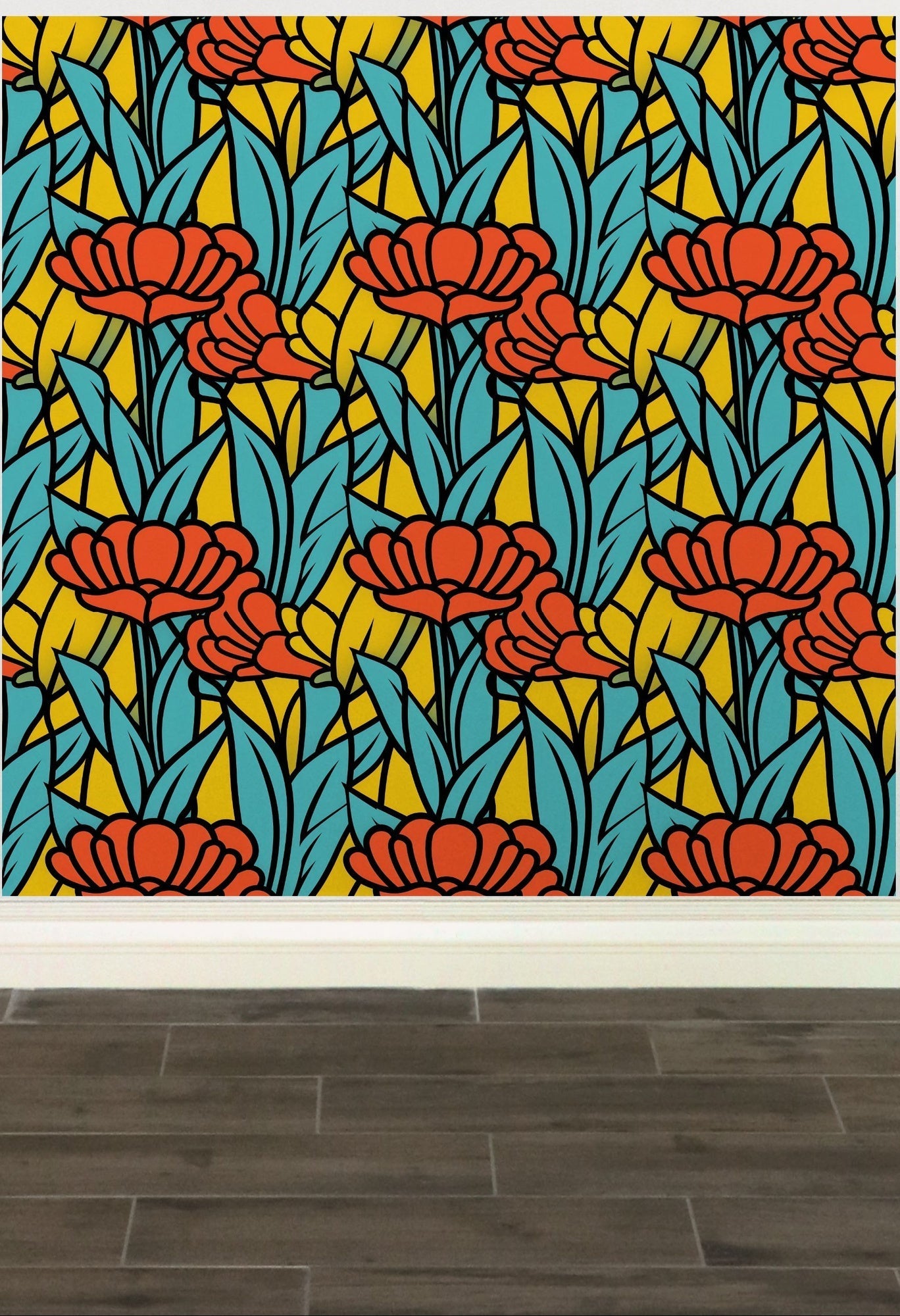 Vibrant floral wallpaper featuring stylized red poppies and yellow tulips against a teal background.