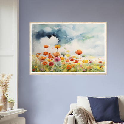 A painting of flowers in a living room