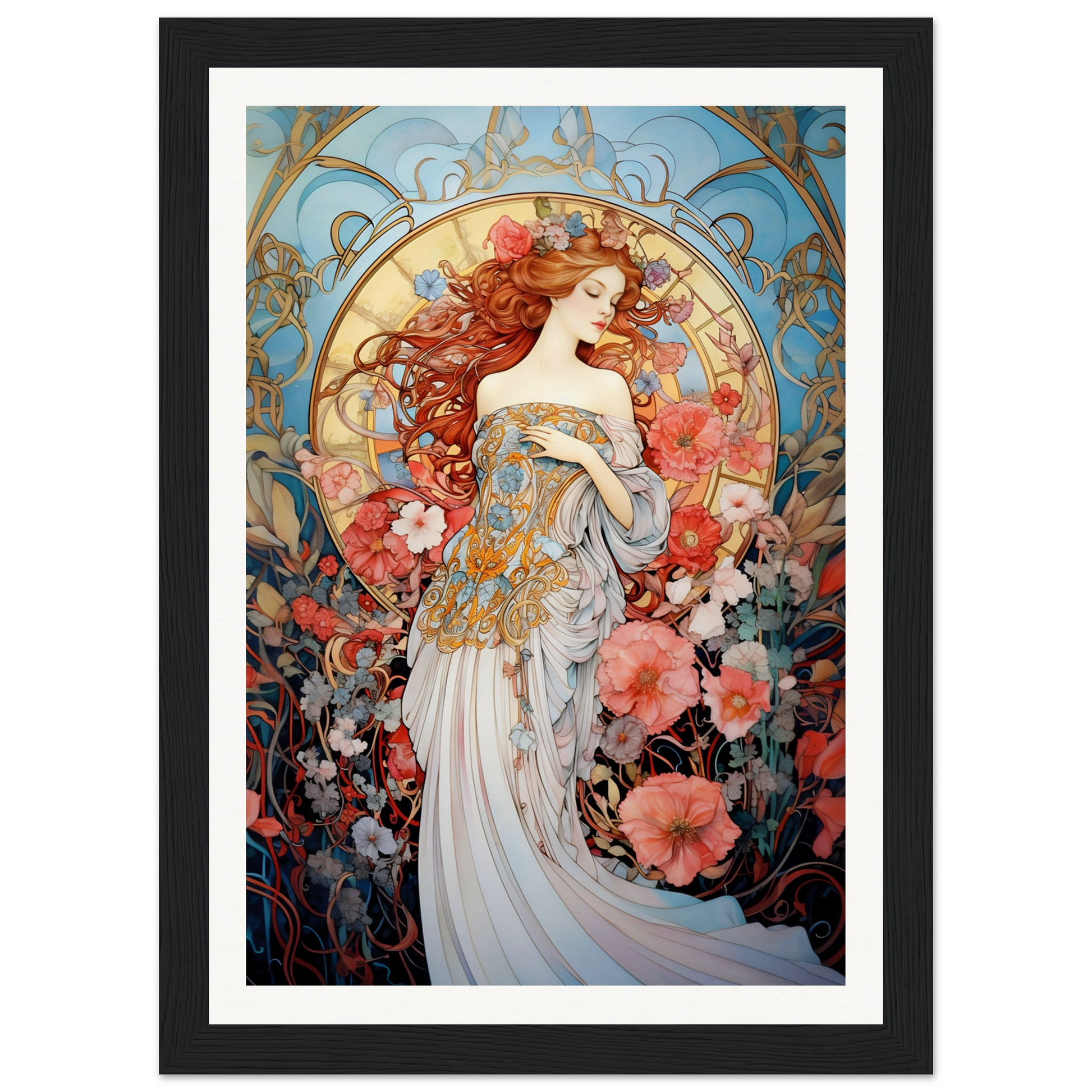 Art Nouveau-style painting of a woman surrounded by flowers and ornate decorative elements.
