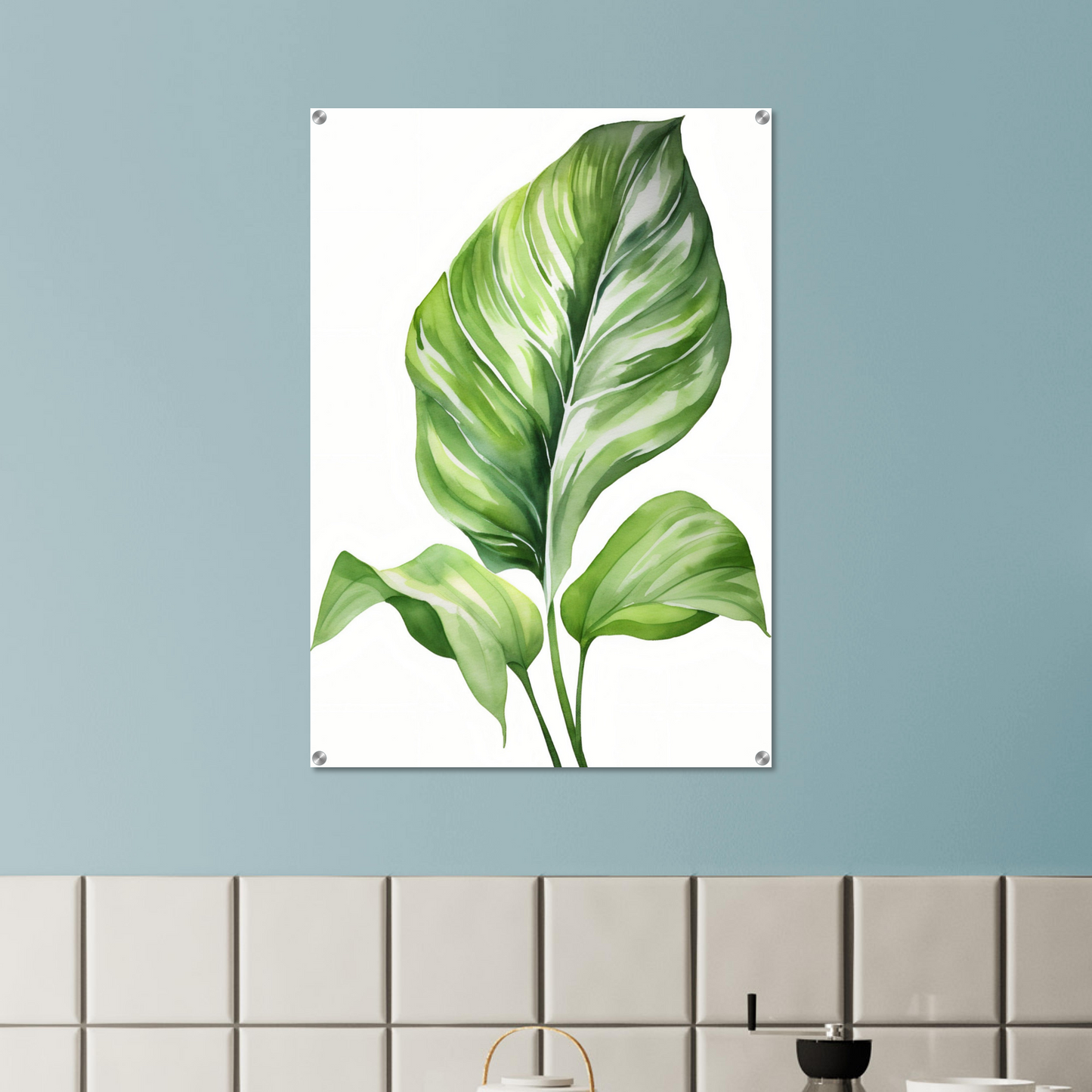 A painting of a green leaf on a white background