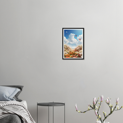 A painting of a landscape with clouds and flowers