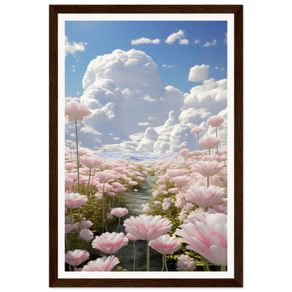 A painting of pink flowers in a field