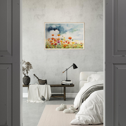 A painting of pop flowers in a bedroom