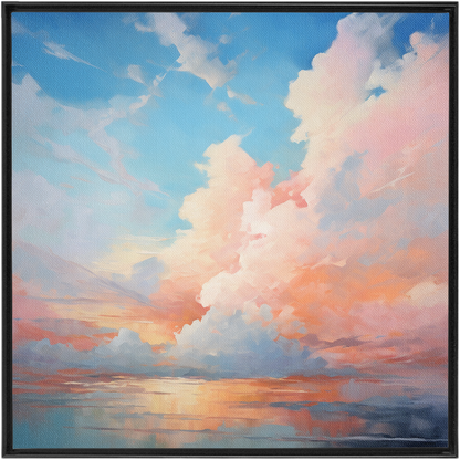 A painting of a sunset with clouds in the sky