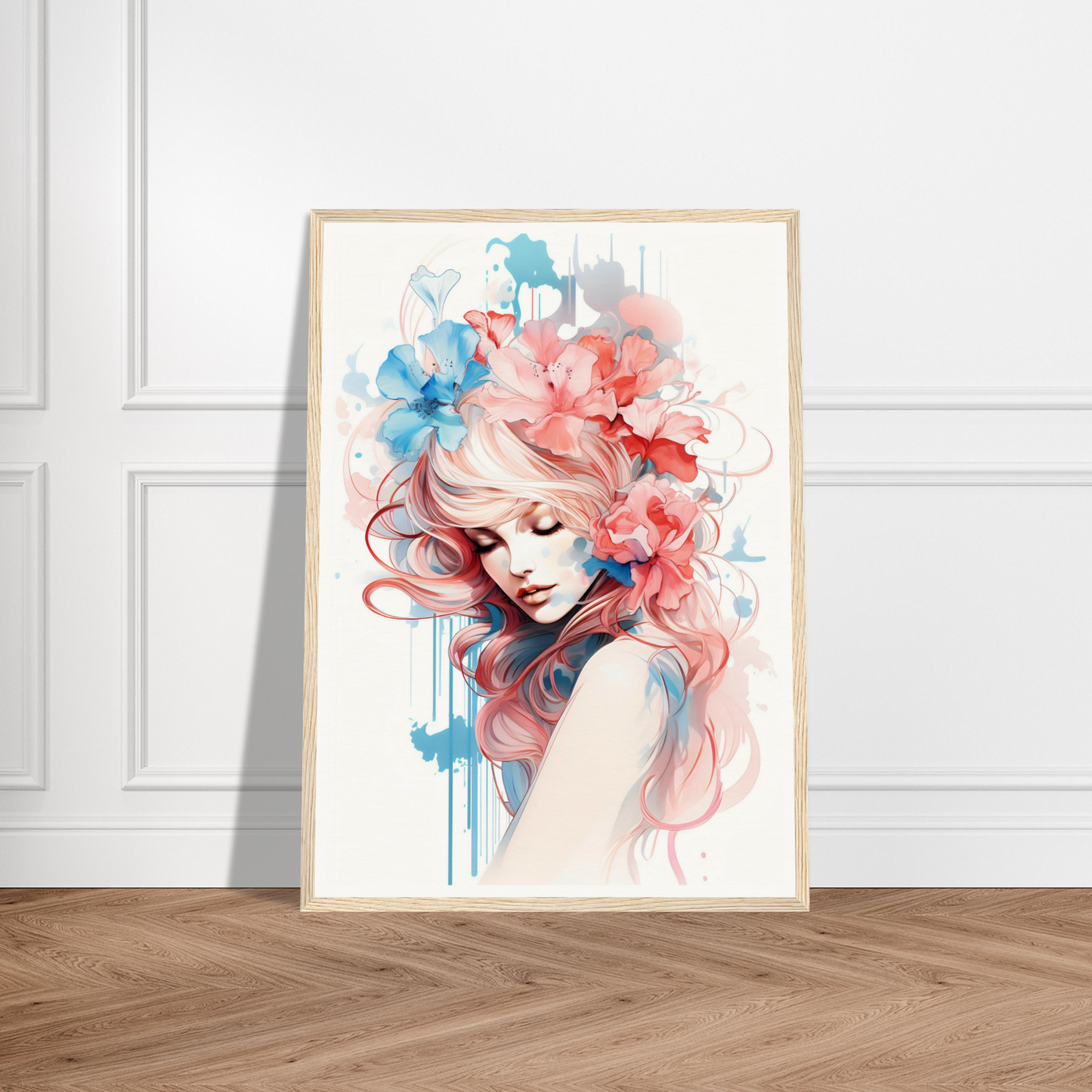 Framed watercolor portrait of a woman with flowing pink hair and floral elements.