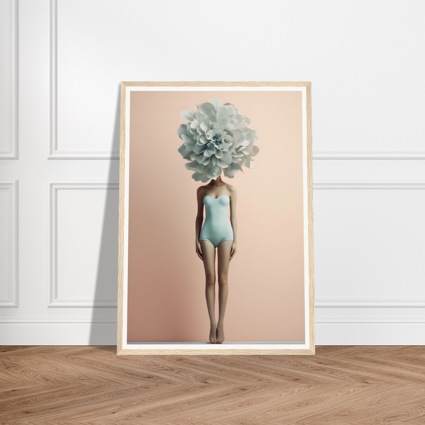 Surreal artwork depicting a figure in a blue swimsuit with a large flower as a head.