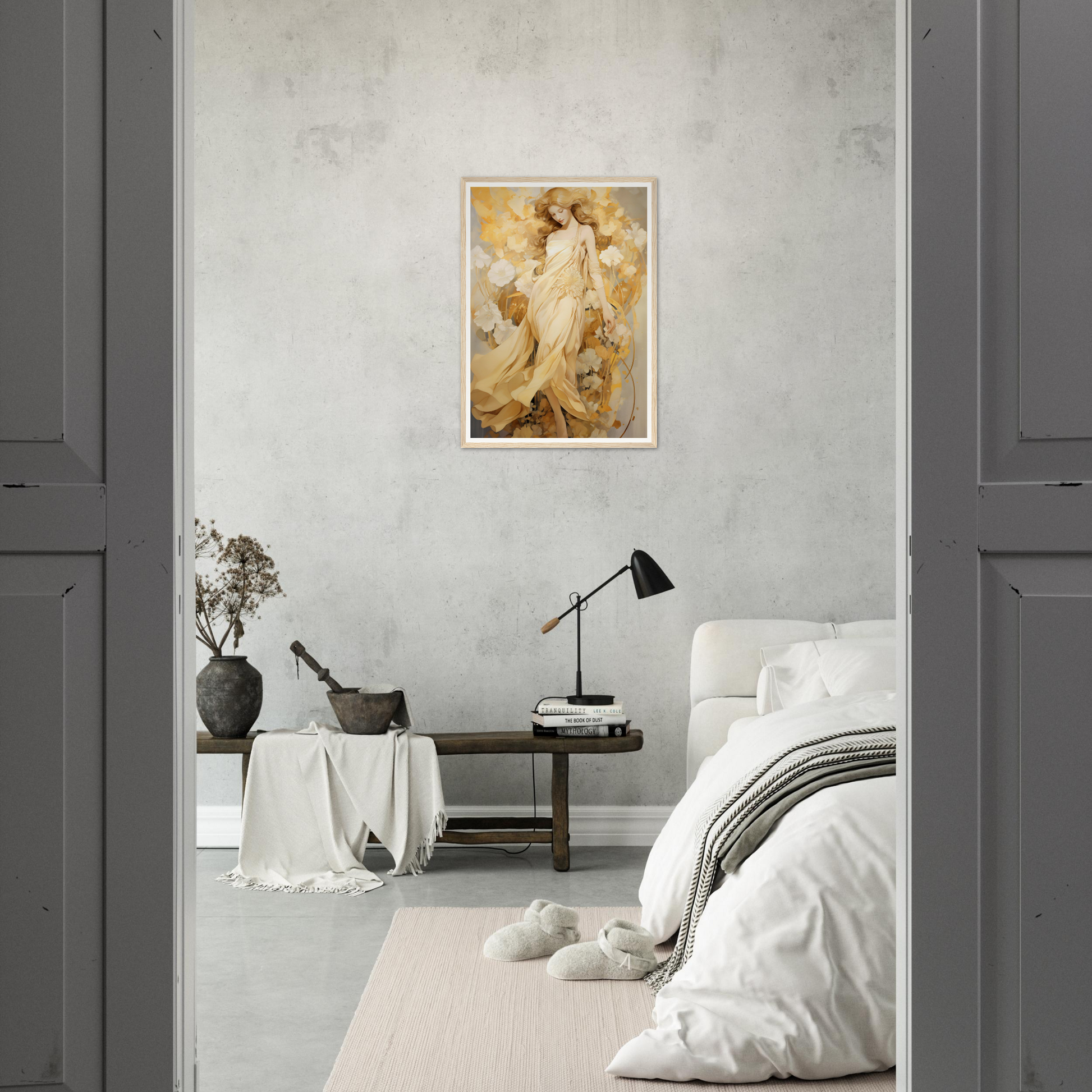 A painting on the wall of a bedroom