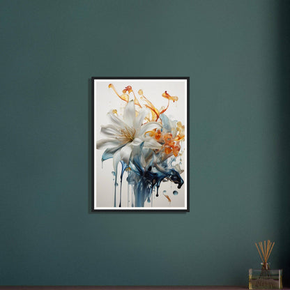 A painting on a wall with a blue and orange flower