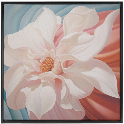 A painting of a white flower on a blue background