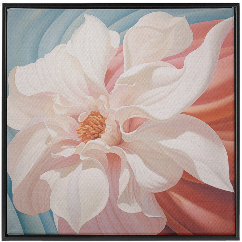 A painting of a white flower on a blue background