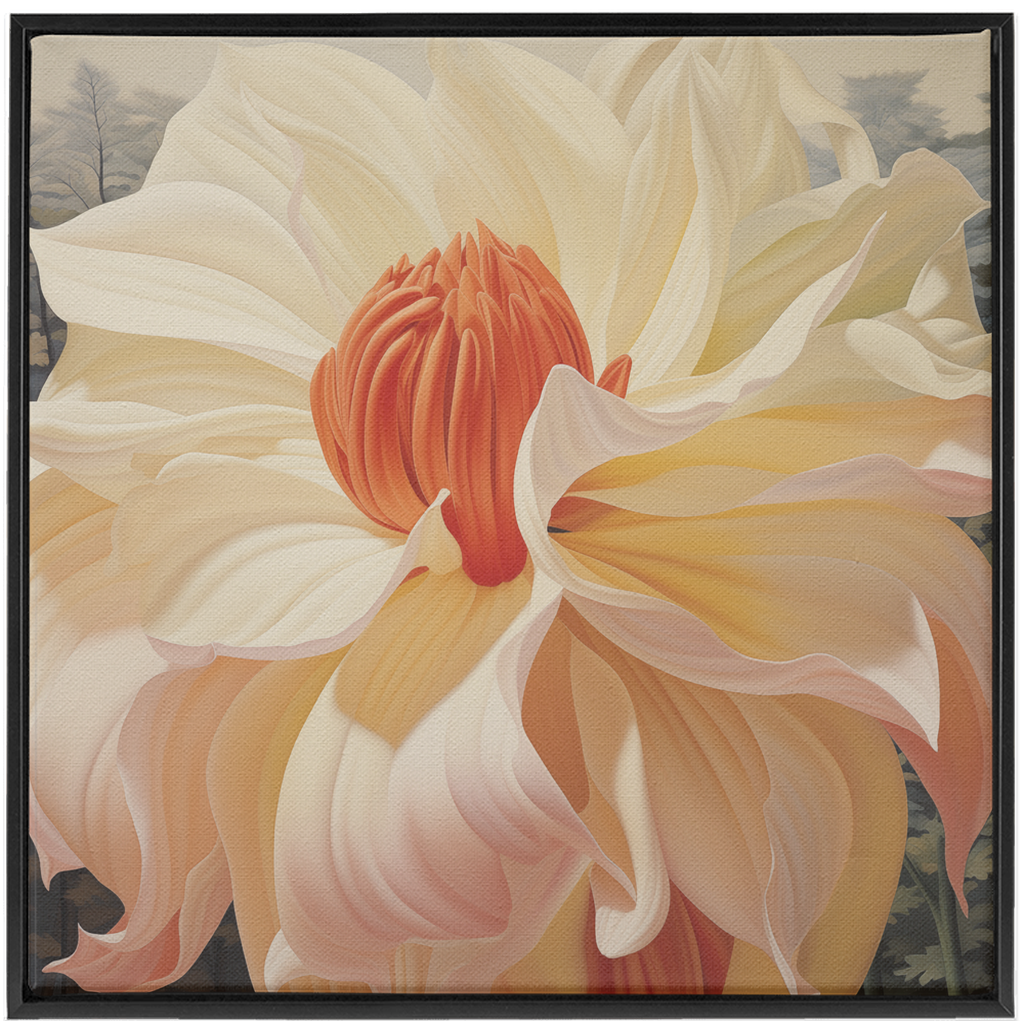 A painting of a white flower with orange and yellow petals