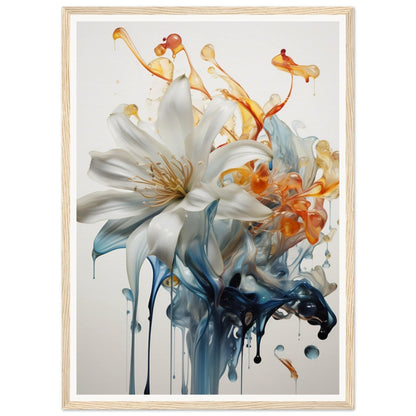 A painting of white flowers with blue and orange paint